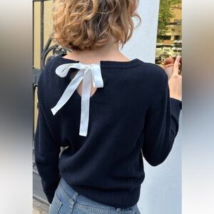 Loft Navy Blue Ribbed White Bow Tie Crew Neck Cotton Knit Pullover Sweater NWOT